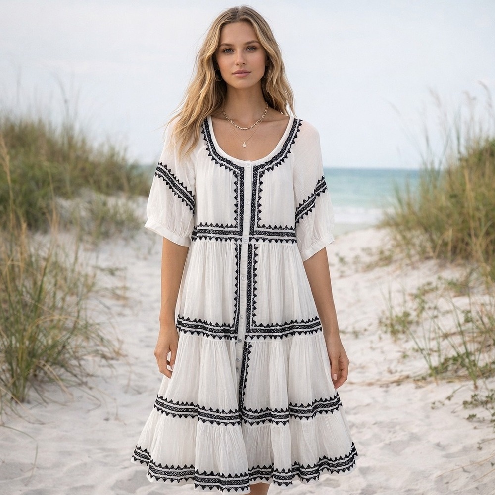 Sundance White Cotton Embroidered Tiered‎ Boho Midi Dress Womens XS Black Trim